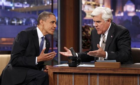 U.S. President Barack Obama speaks to host Jay Leno (R) as he makes an appearance on the Tonight Show in Los Angeles, California October 24, U.S. President Barack Obama speaks to host Jay Leno (R) as he makes an appearance on the Tonight Show in Los Angeles, California October 24,