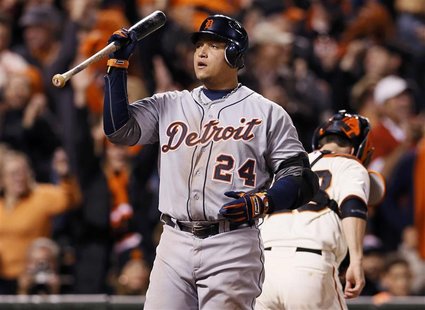 Detroit Tigers' Miguel Cabrera reacts after striking out against the San Francisco Giants in the eighth inning during Game 1 of the MLB Worl Detroit Tigers' Miguel Cabrera reacts after striking out against the San Francisco Giants in the eighth inning during Game 1 of the MLB Worl