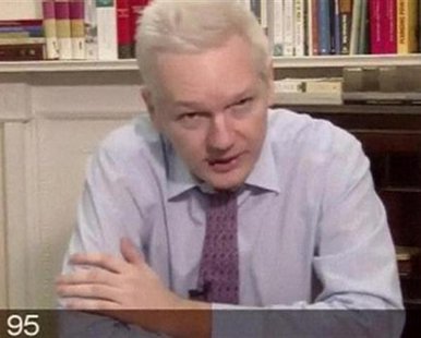 WikiLeaks' founder Julian Assange speaks during a teleconference from the Ecuadorian Embassy in London, in this still image taken from video broadcasted to the United Nations in New York, September 26, 2012.
REUTERS/UNTV via Reuters TV WikiLeaks' founder Julian Assange speaks during a teleconference from the Ecuadorian Embassy in London, in this still image taken from video broadcasted to the United Nations in New York, September 26, 2012.
REUTERS/UNTV via Reuters TV