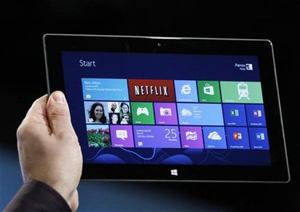 Microsoft tablet PC Surface is shown at the launch event of Windows 8 operating system in New York, October 25, 2012. REUTERS/Lucas Jackson Microsoft tablet PC Surface is shown at the launch event of Windows 8 operating system in New York, October 25, 2012. REUTERS/Lucas Jackson