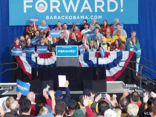 Vice President Joe Biden campaigns at Albee Hall on the University of Wisconsin-Oshkosh campus, Oct. 26, 2012. (courtesy of FOX 11). Vice President Joe Biden campaigns at Albee Hall on the University of Wisconsin-Oshkosh campus, Oct. 26, 2012. (courtesy of FOX 11).