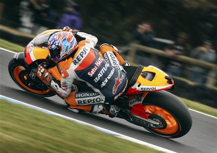 Honda MotoGP rider Casey Stoner of Australia rides during a free practice session ahead of the Australian Motorcycle Grand Prix at Phillip I Honda MotoGP rider Casey Stoner of Australia rides during a free practice session ahead of the Australian Motorcycle Grand Prix at Phillip I