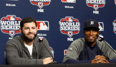 Detroit Tigers catcher Alex Avila (L) and outfielder Austin Jackson talk with the media during a news conference at Comerica Park in Detroit Detroit Tigers catcher Alex Avila (L) and outfielder Austin Jackson talk with the media during a news conference at Comerica Park in Detroit