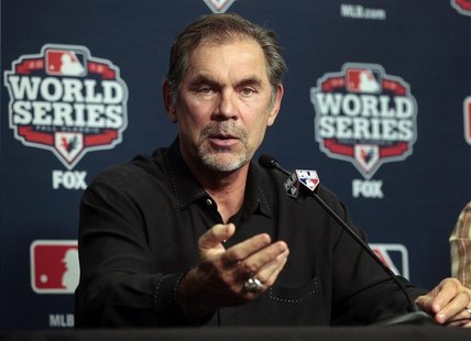 San Francisco Giants manager Bruce Bochy talks with the media during a news conference at Comerica Park in Detroit, Michigan October 26, 201 San Francisco Giants manager Bruce Bochy talks with the media during a news conference at Comerica Park in Detroit, Michigan October 26, 201