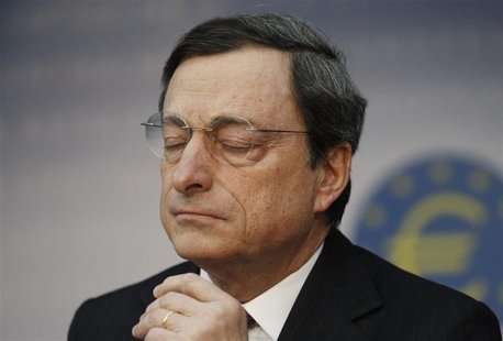 The European Central Bank (ECB) President Mario Draghi reacts during the monthly news conference in Frankfurt, February 9, 2012. REUTERS/Ale The European Central Bank (ECB) President Mario Draghi reacts during the monthly news conference in Frankfurt, February 9, 2012. REUTERS/Ale
