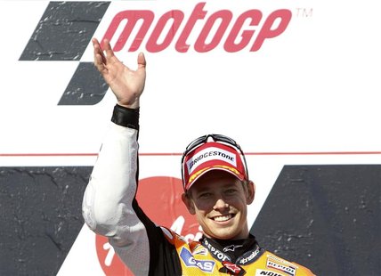 Honda MotoGP rider Casey Stoner of Australia celebrates winning the Australian Motorcycle Grand Prix at Phillip Island October 28, 2012. REU Honda MotoGP rider Casey Stoner of Australia celebrates winning the Australian Motorcycle Grand Prix at Phillip Island October 28, 2012. REU