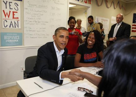 U.S. President Barack Obama shakes hands with volunteers in his campaign field office in Orlando October 28, 2012. REUTERS/Larry Downing U.S. President Barack Obama shakes hands with volunteers in his campaign field office in Orlando October 28, 2012. REUTERS/Larry Downing