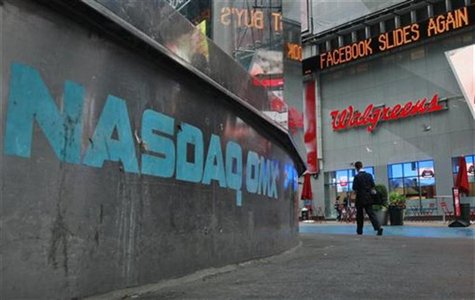The Nasdaq logo is seen on the exterior of the Nasdaq MarketSite as a headline about the Facebook stock scrolls on the Times Square Newstick The Nasdaq logo is seen on the exterior of the Nasdaq MarketSite as a headline about the Facebook stock scrolls on the Times Square Newstick
