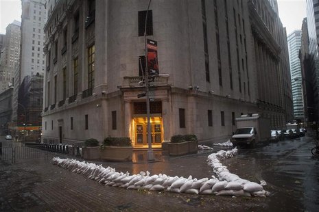 Sandbags block the entrance of the New York Stock Exchange in downtown Manhattan as super storm Sandy made its approach in New York October Sandbags block the entrance of the New York Stock Exchange in downtown Manhattan as super storm Sandy made its approach in New York October