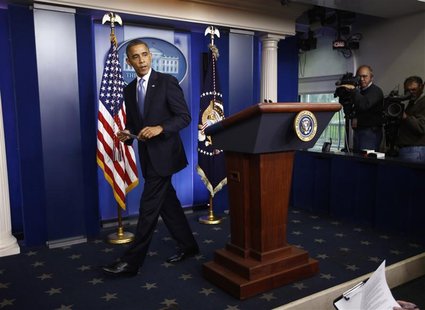 U.S. President Barack Obama walks from the podium after delivering a statement on the Hurricane Sandy situation from the press briefing room U.S. President Barack Obama walks from the podium after delivering a statement on the Hurricane Sandy situation from the press briefing room