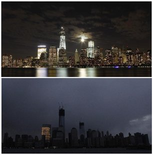 The skyline of New York is pictured at night on October 1, 2012, (top), and pictured in darkness in the early morning hours of October 30, 2 The skyline of New York is pictured at night on October 1, 2012, (top), and pictured in darkness in the early morning hours of October 30, 2