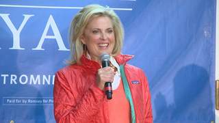 Ann Romney, wife of Republican presidential candidate Mitt Romney, speaks to supporters in Allouez on October 30, 2012. (courtesy of FOX 11). Ann Romney, wife of Republican presidential candidate Mitt Romney, speaks to supporters in Allouez on October 30, 2012. (courtesy of FOX 11).
