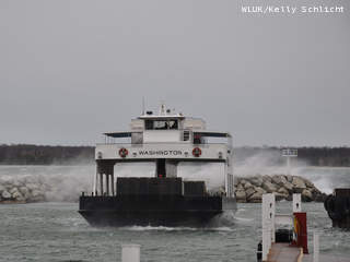With waves crashing in the background, the Washington Island Ferry returns to Northport Pier in Door County, Oct. 30, 2012. The high waves and choppy water were a result of the western edge of Super storm Sandy skirting Northeast Wisconsin. (courtesy of FOX 11). With waves crashing in the background, the Washington Island Ferry returns to Northport Pier in Door County, Oct. 30, 2012. The high waves and choppy water were a result of the western edge of Super storm Sandy skirting Northeast Wisconsin. (courtesy of FOX 11).