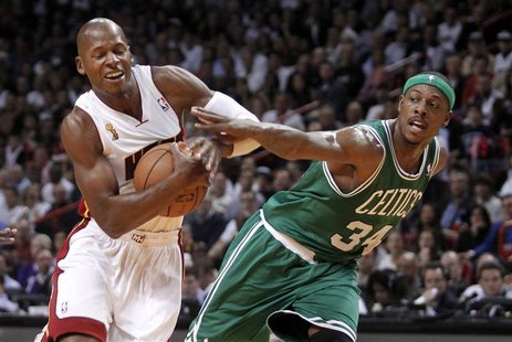 Boston Celtics forward Paul Pierce (R) fouls Miami Heat guard Ray Allen in the first half of their NBA basketball game in Miami, Florida Oct Boston Celtics forward Paul Pierce (R) fouls Miami Heat guard Ray Allen in the first half of their NBA basketball game in Miami, Florida Oct
