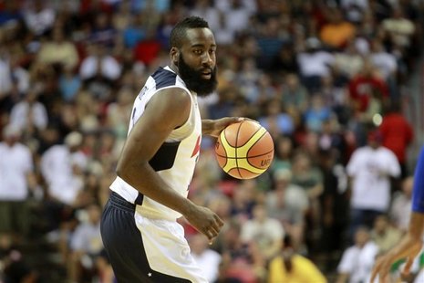 James Harden of the U.S. 2012 Olympic men's basketball team dribbles the ball during an exhibition game against the Dominican Republic at th James Harden of the U.S. 2012 Olympic men's basketball team dribbles the ball during an exhibition game against the Dominican Republic at th