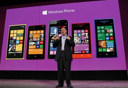 Microsoft CEO Steve Ballmer speaks during the launch of Windows Phone 8 in San Francisco, California October 29, 2012. REUTERS/Robert Galbra Microsoft CEO Steve Ballmer speaks during the launch of Windows Phone 8 in San Francisco, California October 29, 2012. REUTERS/Robert Galbra