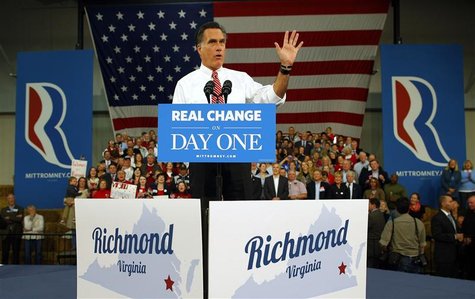 Republican presidential nominee Mitt Romney speaks at a campaign rally in Doswell, Virginia November 1, 2012. REUTERS/Brian Snyder Republican presidential nominee Mitt Romney speaks at a campaign rally in Doswell, Virginia November 1, 2012. REUTERS/Brian Snyder
