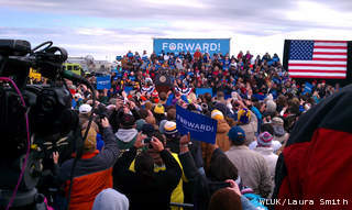 President Barack Obama makes a campaign speech at Austin Straubel International Airport in Ashwaubenon, Nov. 1, 2012. (courtesy of FOX 11). President Barack Obama makes a campaign speech at Austin Straubel International Airport in Ashwaubenon, Nov. 1, 2012. (courtesy of FOX 11).