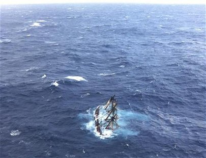 The HMS Bounty, a 180-foot sailboat, is shown submerged in the Atlantic Ocean during Hurricane Sandy approximately 90 miles southeast of Hat The HMS Bounty, a 180-foot sailboat, is shown submerged in the Atlantic Ocean during Hurricane Sandy approximately 90 miles southeast of Hat