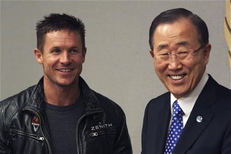 Pilot Felix Baumgartner of Austria (L) and U.N. Secretary-General Ban Ki-moon smile as they talk to each other during a photo opportunity at Pilot Felix Baumgartner of Austria (L) and U.N. Secretary-General Ban Ki-moon smile as they talk to each other during a photo opportunity at
