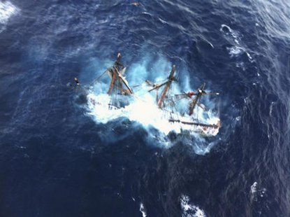 The HMS Bounty, a 180-foot sailboat, is shown submerged in the Atlantic Ocean during Hurricane Sandy approximately 90 miles southeast of Hat The HMS Bounty, a 180-foot sailboat, is shown submerged in the Atlantic Ocean during Hurricane Sandy approximately 90 miles southeast of Hat