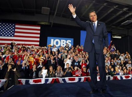 Republican presidential nominee Mitt Romney takes the stage to deliver a speech in West Allis, Wisconsin November 2, 2012.
Credit: Reuters/Brian Snyder Republican presidential nominee Mitt Romney takes the stage to deliver a speech in West Allis, Wisconsin November 2, 2012.
Credit: Reuters/Brian Snyder