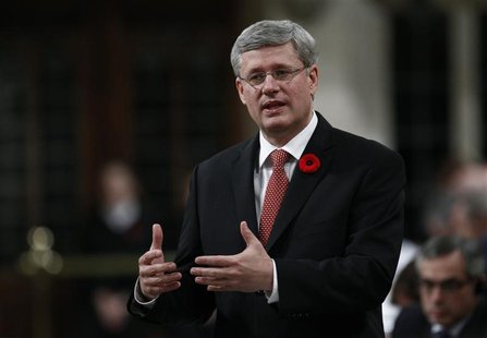 Canada's Prime Minister Stephen Harper speaks during Question Period in the House of Commons on Parliament Hill in Ottawa November 1, 2012. Canada's Prime Minister Stephen Harper speaks during Question Period in the House of Commons on Parliament Hill in Ottawa November 1, 2012.