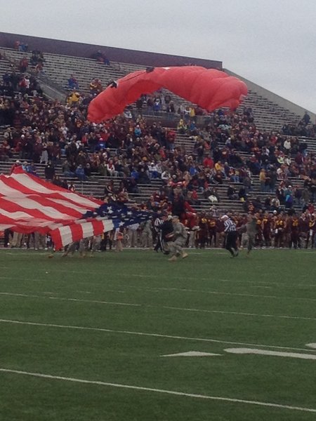 Skydivers deliver the game ball to Kelly/Shorts Stadium. WMU @ CMU 11/3/12
