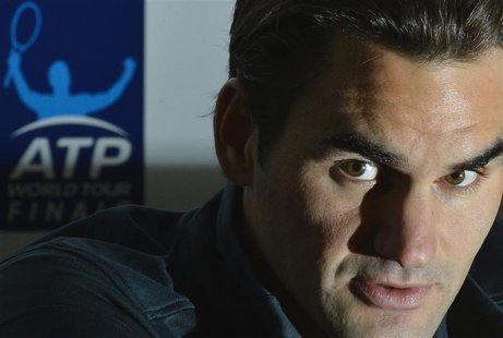 Roger Federer of Switzerland speaks at a news conference ahead of the ATP tennis finals at the O2 Arena in London November 4, 2012. REUTERS/ Roger Federer of Switzerland speaks at a news conference ahead of the ATP tennis finals at the O2 Arena in London November 4, 2012. REUTERS/