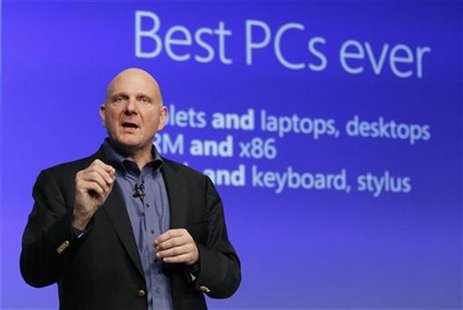 Microsoft CEO Steve Ballmer speaks at the launch event of Windows 8 operating system in New York, October 25, 2012. REUTERS/Lucas Jackson Microsoft CEO Steve Ballmer speaks at the launch event of Windows 8 operating system in New York, October 25, 2012. REUTERS/Lucas Jackson