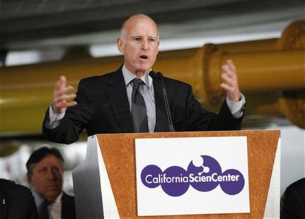 California Governor Jerry Brown speaks during the opening ceremony of the Space Shuttle Endeavour Exhibition at the California Science Cente California Governor Jerry Brown speaks during the opening ceremony of the Space Shuttle Endeavour Exhibition at the California Science Cente