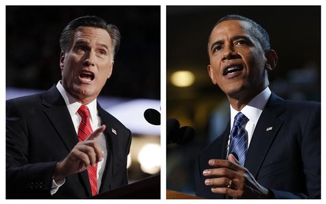 A combination file photos show Republican presidential nominee Mitt Romney (L) and U.S. President Barack Obama speaking at the Republican Na A combination file photos show Republican presidential nominee Mitt Romney (L) and U.S. President Barack Obama speaking at the Republican Na