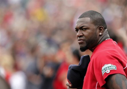 Boston Red Sox's David Ortiz looks out across the field as the national anthem is played before the start of the first inning of American Le Boston Red Sox's David Ortiz looks out across the field as the national anthem is played before the start of the first inning of American Le