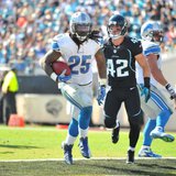 Detroit Lions RB Mikel Leshoure (25) scores one of his three first-half touchdowns as Jacksonville S Chris Prosinski (42) watches during Detroit's 31-13 win at Jacksonville on Nov. 4, 2012 (Photo by Gavin Smith, courtesy of the Detroit Lions) Detroit Lions RB Mikel Leshoure (25) scores one of his three first-half touchdowns as Jacksonville S Chris Prosinski (42) watches during Detroit's 31-13 win at Jacksonville on Nov. 4, 2012 (Photo by Gavin Smith, courtesy of the Detroit Lions)