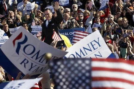 U.S. Republican presidential nominee and former Massachusetts Governor Mitt Romney attends a campaign rally in Lynchburg, Virginia, November 5, 2012.
Credit: REUTERS/Jim Young U.S. Republican presidential nominee and former Massachusetts Governor Mitt Romney attends a campaign rally in Lynchburg, Virginia, November 5, 2012.
Credit: REUTERS/Jim Young