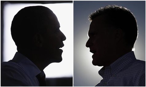 A combination file silhouettes show U.S. President Barack Obama speaking in Windham, New Hampshire on August 18, 2012, and Republican presid A combination file silhouettes show U.S. President Barack Obama speaking in Windham, New Hampshire on August 18, 2012, and Republican presid