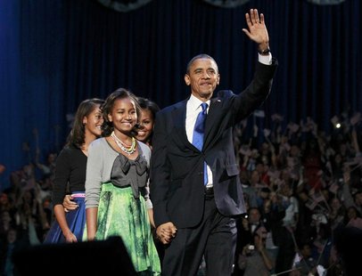 REFILING CORRECTING DATE U.S. President Barack Obama and his family walk onstage during his election night victory rally in Chicago, Novembe REFILING CORRECTING DATE U.S. President Barack Obama and his family walk onstage during his election night victory rally in Chicago, Novembe