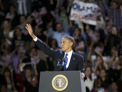 U.S. President Barack Obama acknowledges supporters while at his election night victory rally in Chicago, November 7, 2012. REUTERS/Philip S U.S. President Barack Obama acknowledges supporters while at his election night victory rally in Chicago, November 7, 2012. REUTERS/Philip S