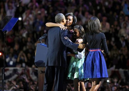 U.S. President Barack Obama is hugged by first lady Michelle Obama and his daughters Sasha and Malia (R) before his victory speech at his el U.S. President Barack Obama is hugged by first lady Michelle Obama and his daughters Sasha and Malia (R) before his victory speech at his el
