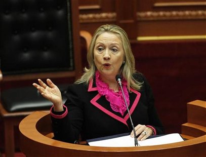 U.S. Secretary of State Hillary Clinton speaks in the Albanian Parliament during her official visit in Tirana November 1, 2012. REUTERS/Arbe U.S. Secretary of State Hillary Clinton speaks in the Albanian Parliament during her official visit in Tirana November 1, 2012. REUTERS/Arbe