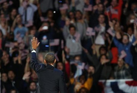 U.S. President Barack Obama acknowledges supporters while addressing his election night victory rally in Chicago, November 7, 2012. REUTERS/ U.S. President Barack Obama acknowledges supporters while addressing his election night victory rally in Chicago, November 7, 2012. REUTERS/