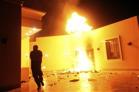 The U.S. Consulate in Benghazi is seen in flames during a protest by an armed group said to have been protesting a film being produced in th The U.S. Consulate in Benghazi is seen in flames during a protest by an armed group said to have been protesting a film being produced in th