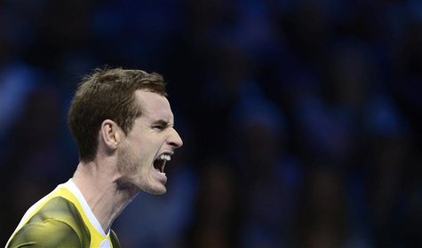 Britain's Andy Murray reacts after losing a point to Serbia's Novak Djokovic during their men's singles tennis match at the ATP World Tour F Britain's Andy Murray reacts after losing a point to Serbia's Novak Djokovic during their men's singles tennis match at the ATP World Tour F