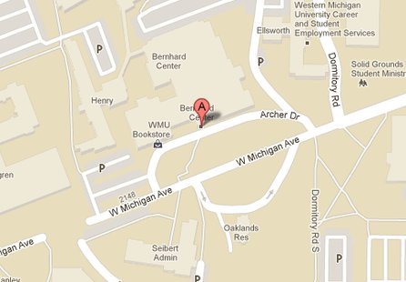 A Google Map shows the location of the Bernhard Center on the campus of Western Michigan University. A Google Map shows the location of the Bernhard Center on the campus of Western Michigan University.
