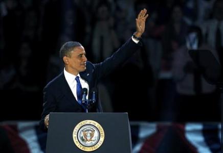 U.S. President Barack Obama, who won a second term in office by defeating Republican presidential nominee Mitt Romney, waves before addressing supporters during his election night victory rally in Chicago, November 7, 2012. Credit: Reuters/Jeff Haynes U.S. President Barack Obama, who won a second term in office by defeating Republican presidential nominee Mitt Romney, waves before addressing supporters during his election night victory rally in Chicago, November 7, 2012. Credit: Reuters/Jeff Haynes