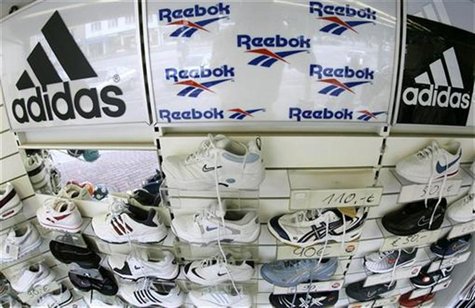 Sport shoes are displayed in a store in the northern German town of Hamburg August 3, 2005. Sport shoes are displayed in a store in the northern German town of Hamburg August 3, 2005.