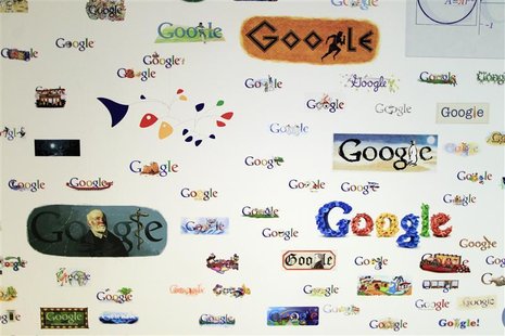Google homepage logos are seen on a wall at the Google campus near Venice Beach, in Los Angeles, California January 13, 2012. REUTERS/Lucy N Google homepage logos are seen on a wall at the Google campus near Venice Beach, in Los Angeles, California January 13, 2012. REUTERS/Lucy N