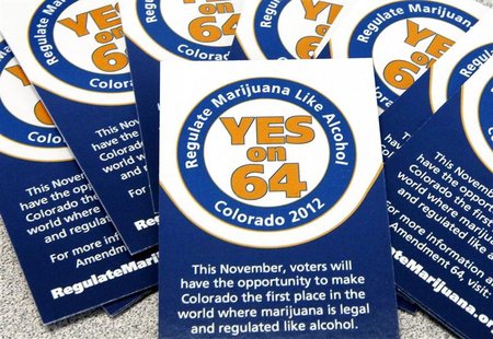 Cards supporting Amendment 64 are seen in campaign offices in Denver, Colorado, May 25, 2012 file photo. REUTERS/Rick Wilking/Files Cards supporting Amendment 64 are seen in campaign offices in Denver, Colorado, May 25, 2012 file photo. REUTERS/Rick Wilking/Files