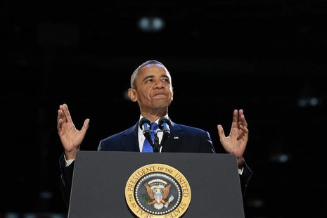 U.S. President Barack Obama speaks during his election night victory rally in Chicago, November 7, 2012. REUTERS/Jason Reed U.S. President Barack Obama speaks during his election night victory rally in Chicago, November 7, 2012. REUTERS/Jason Reed