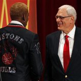 Inductee Dennis Rodman (L) and his presenter Hall of Fame Coach Phil Jackson take the stage during the Naismith Memorial Basketball Hall of 